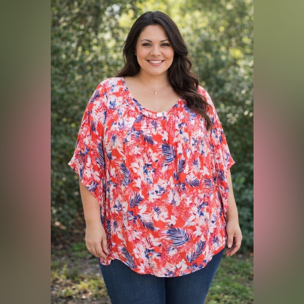 Terra & Sky 2X Coral Floral Tunic Top – Flowy Boho Vibe, Lightweight & Comfy!